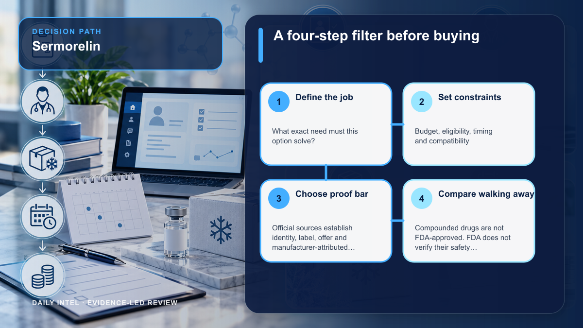 Sermorelin illustrated four-step decision path covering need, constraints, evidence threshold, and alternatives.