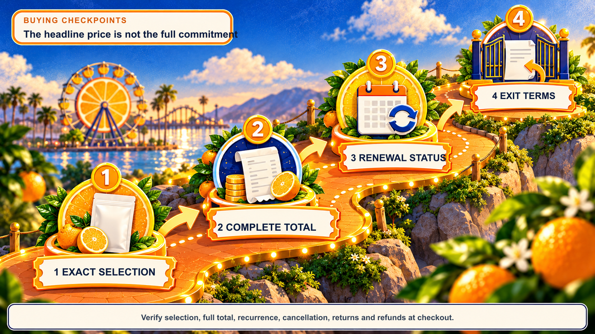 Illustrated four-stop buying path for Party Tablets - Citrus Twist covering exact selection, complete total, renewal status, and exit terms.
