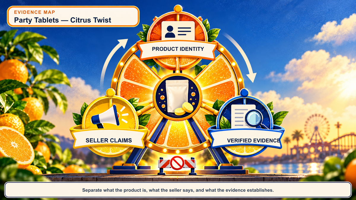 Illustrated citrus Ferris wheel evidence map for Party Tablets - Citrus Twist, separating product identity, seller claims, and verified evidence.