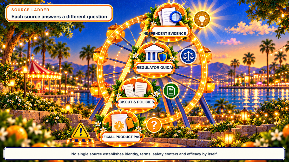 Illustrated four-level source ladder for Party Tablets - Citrus Twist covering the official product page, checkout policies, regulator guidance, and independent evidence.