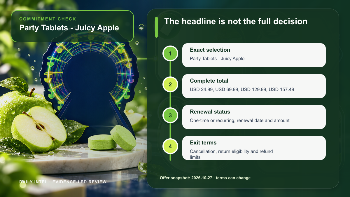 Party Tablets - Juicy Apple illustrated buying checklist for exact selection, complete price, renewal status, and exit terms.