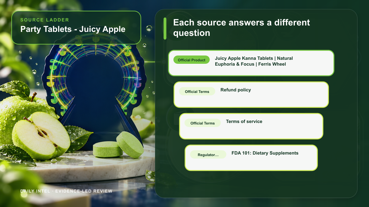 Party Tablets - Juicy Apple illustrated source ladder separating official product, terms, regulator, and independent evidence roles.