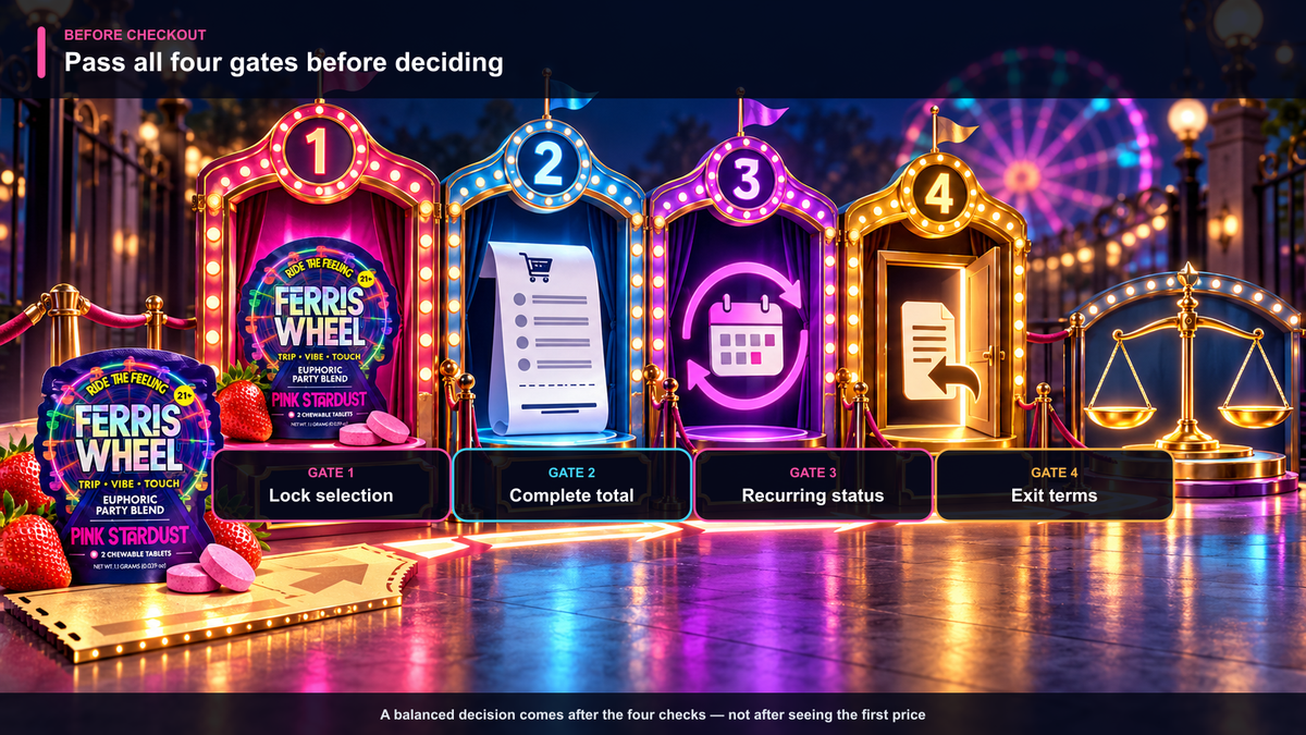 Four illuminated checkout gates for Pink Stardust covering exact selection, complete total, recurring status, and cancellation or return terms before a final decision scale.