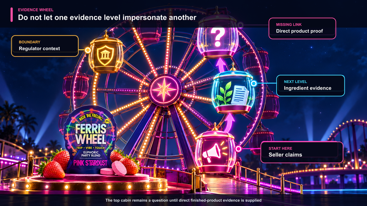 Ferris wheel evidence ladder for Pink Stardust showing seller claims at the bottom, ingredient or category research above, regulator context to the side, and an empty direct-product-proof cabin at the top.