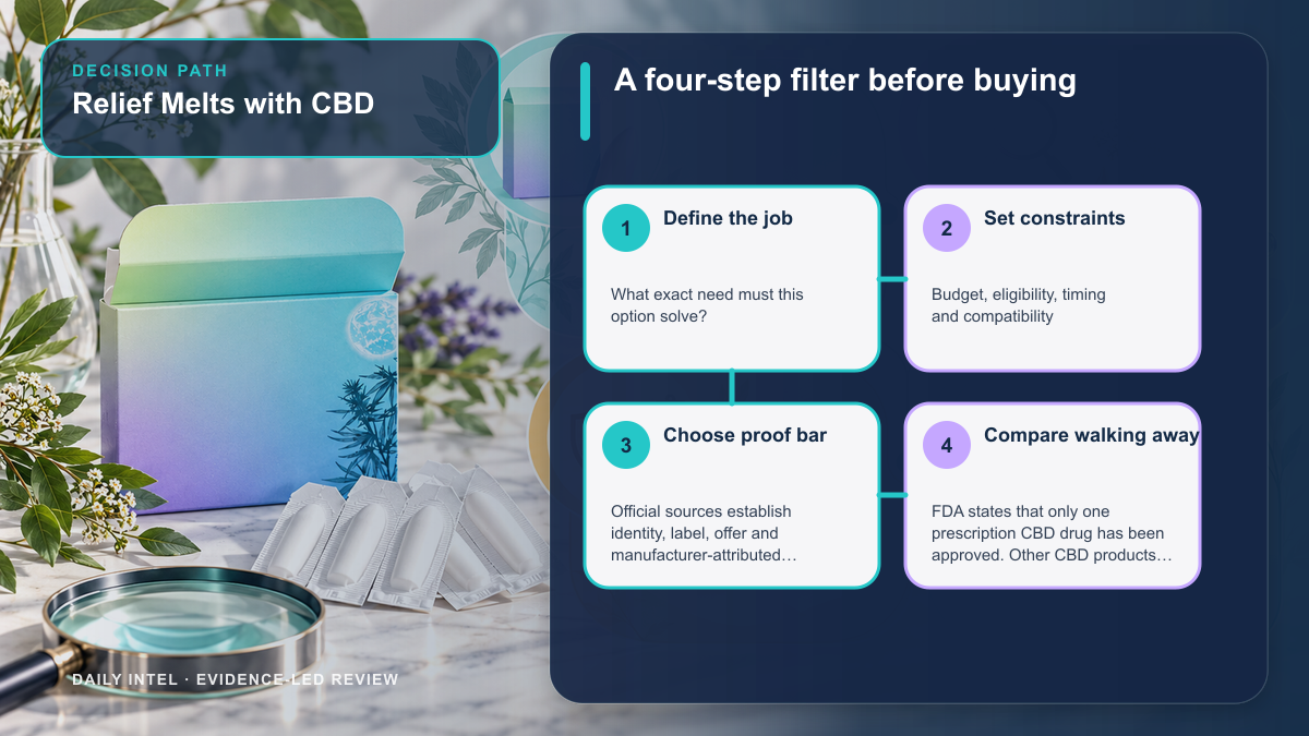 Relief Melts with CBD illustrated four-step decision path covering need, constraints, evidence threshold, and alternatives.
