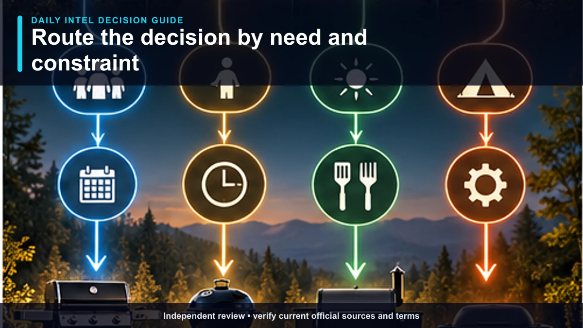 Decision tree routing a Top-Rated Gas, Charcoal, Pellet & Electric Grills reader toward verify, compare, proceed cautiously, or stop.