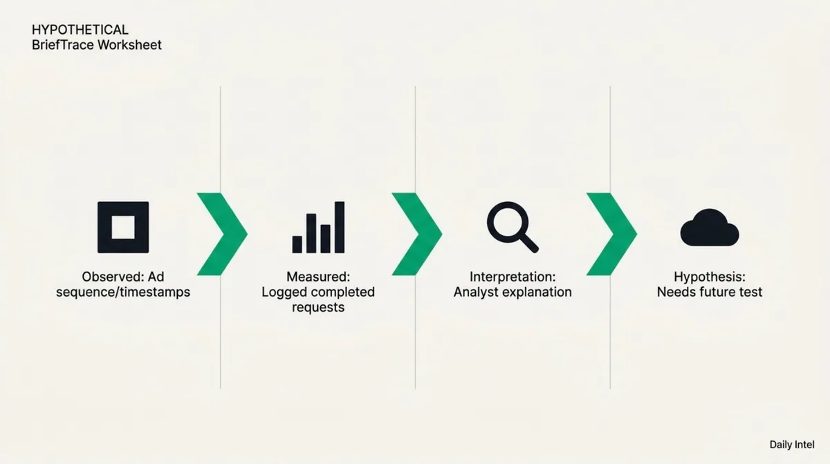 A four-step worksheet separates observed ad structure, recorded responses, analyst interpretation and a future-test hypothesis.