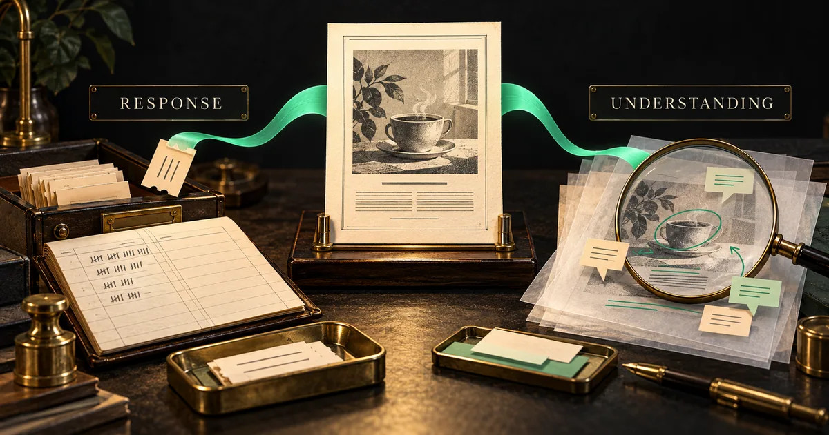 One coffee advertisement branches into response records and reader observations.