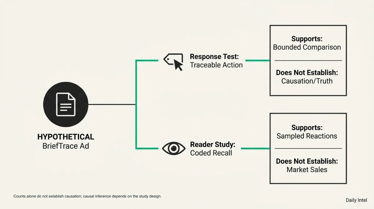 The hypothetical BriefTrace ad splits into response testing and reader recall, with a separate evidence boundary for each.