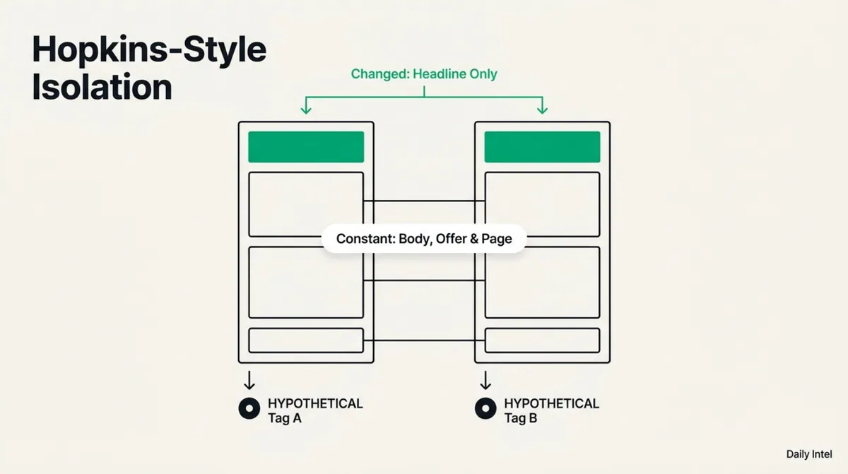 Two hypothetical ad variants change the headline while keeping the body, offer and page constant.