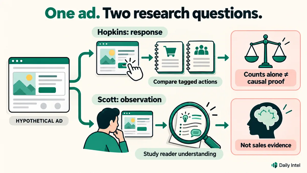 One hypothetical ad splits into a Hopkins-inspired response test and a Scott-inspired reader-observation study.