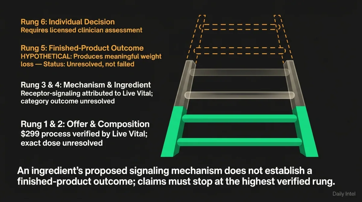 Claim-to-proof ladder from verified offer facts to an unresolved finished-product outcome and individual clinician decision.