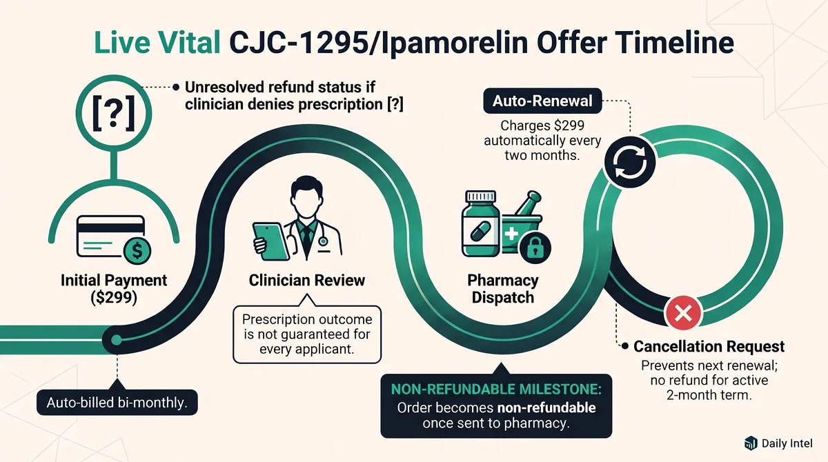 Timeline from the initial 299-dollar payment through clinician review, pharmacy dispatch, automatic renewal and cancellation.